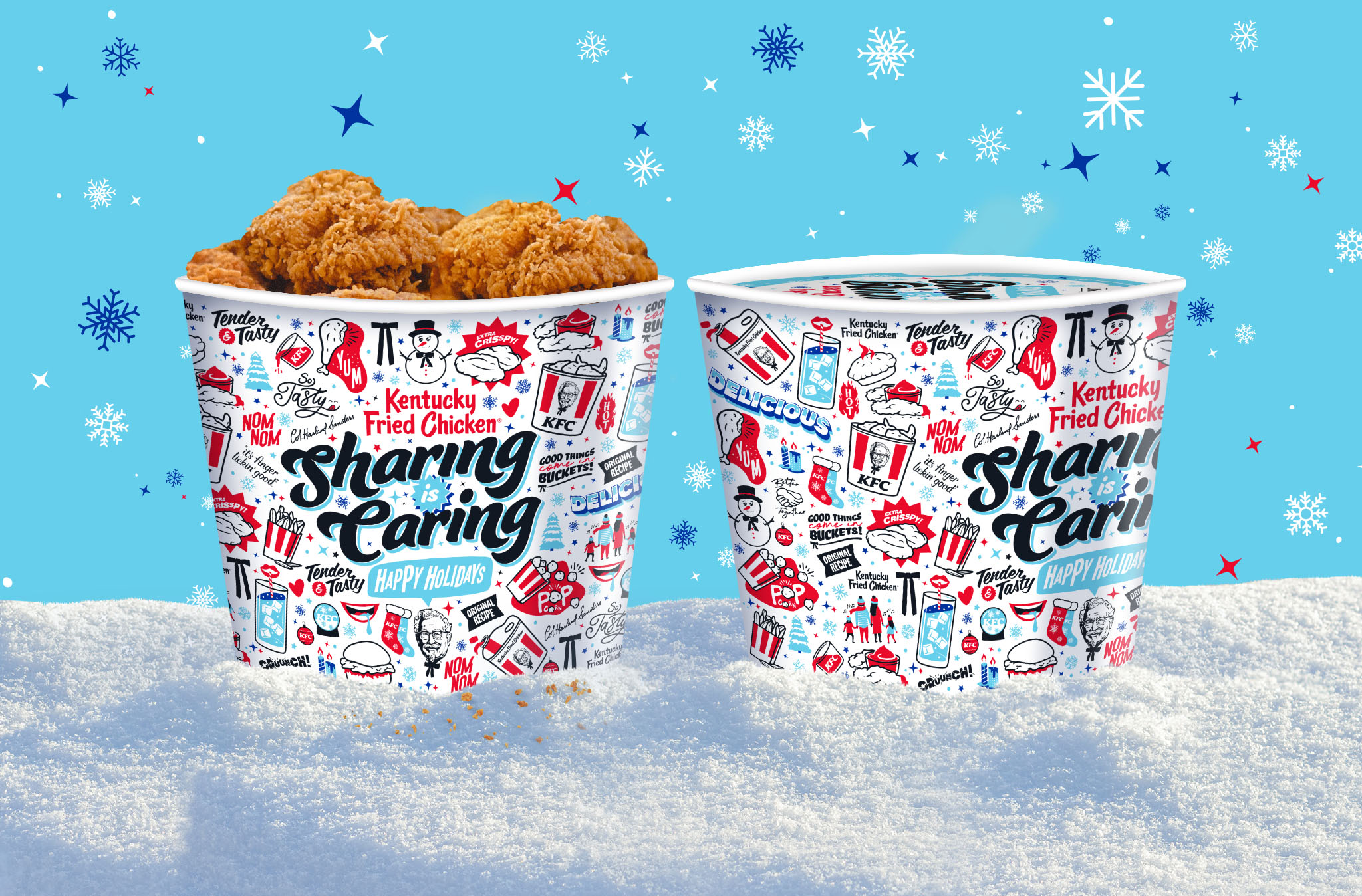 KFC Holiday Bucket. Sharing is Caring packaging design. Creative direction, art direction, design and illustration by Allan Chan Creative.