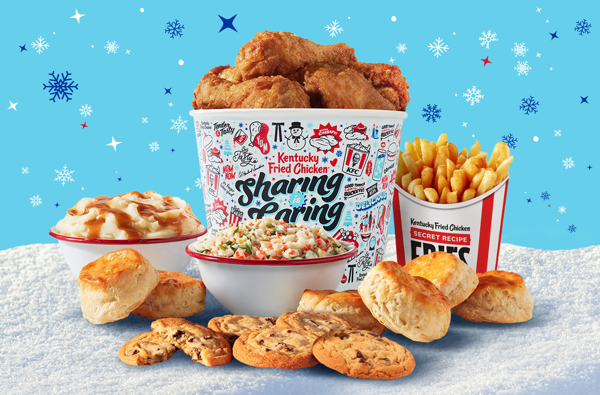 KFC Sharing is Caring Holiday Bucket. Packaging Design. Creative & Art Direction, Illustration by Allan Chan Creative.