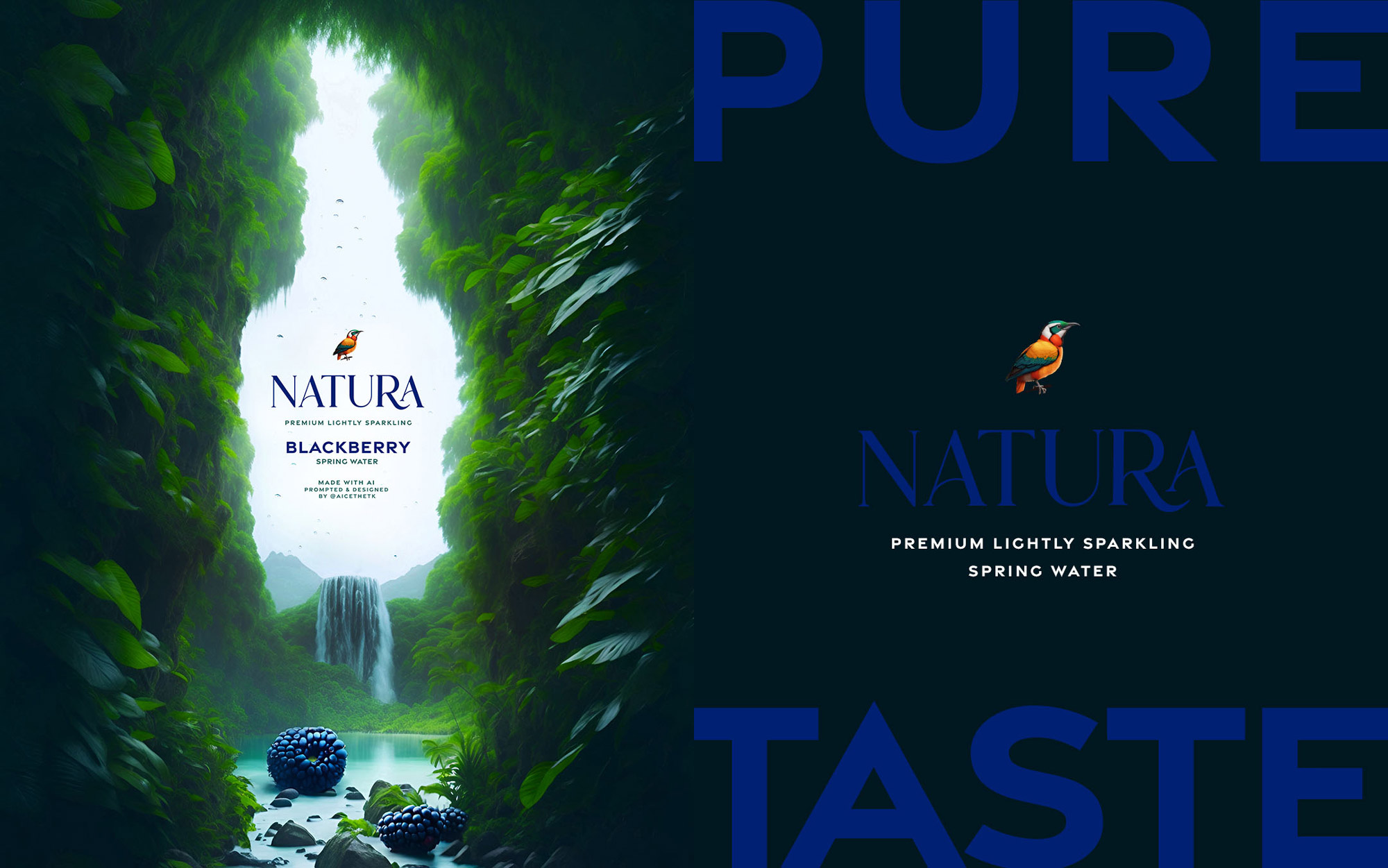 natura_blackberry AI Art. Generative AI campaign creative for Natura flavoured spring water brand.