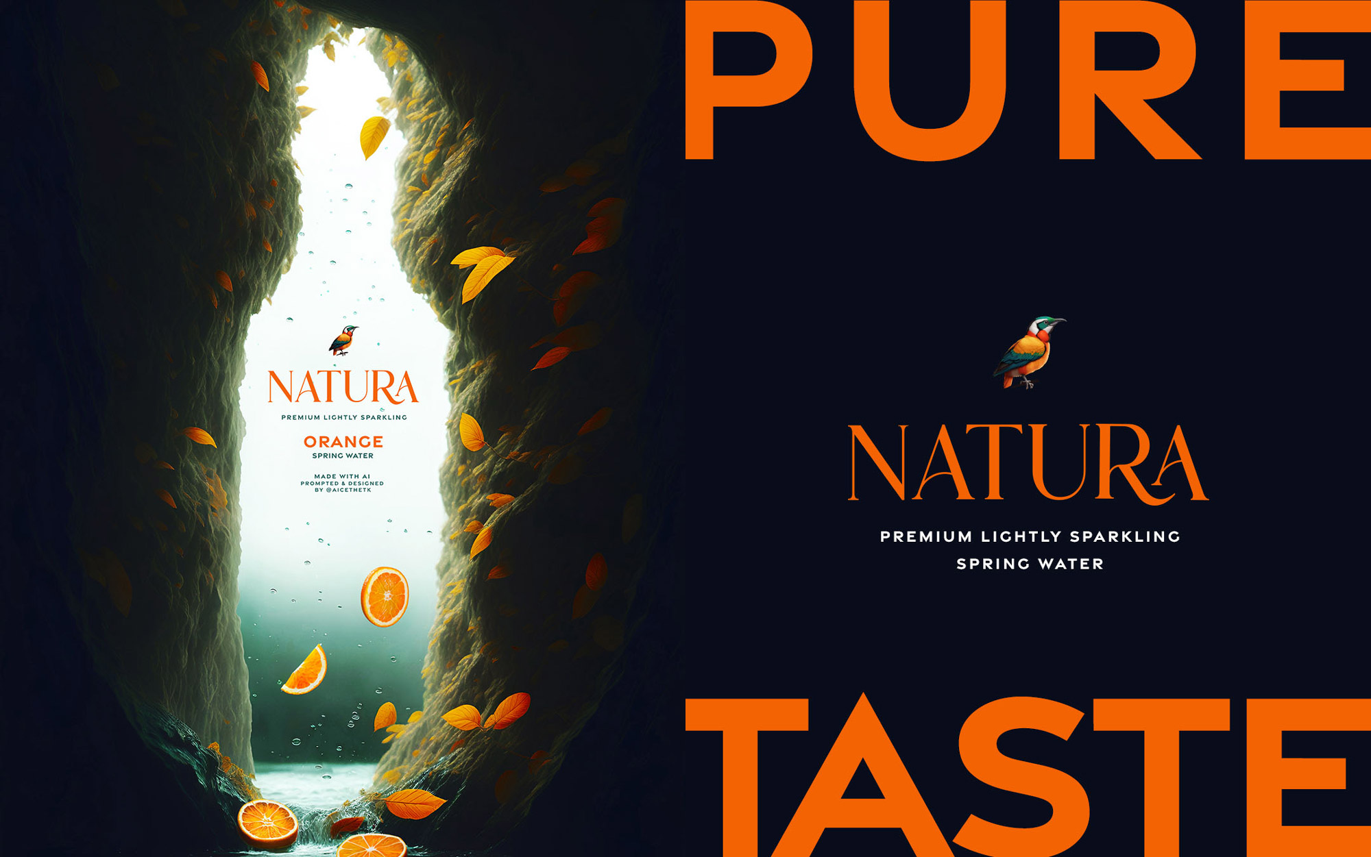 natura_orange AI Art. Generative AI campaign creative for Natura flavoured spring water brand.
