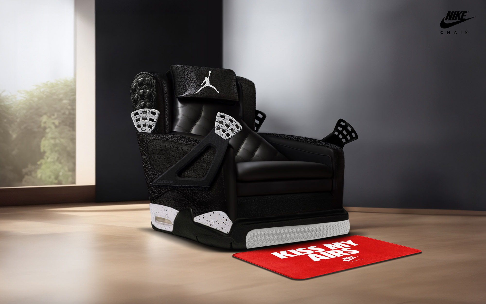 Generative AI Sneaker Seats. Air Jordan 4 Oreo. ComfyKicks designer furniture and chairs for the sneaker lover by Allan Chan @aicethetk