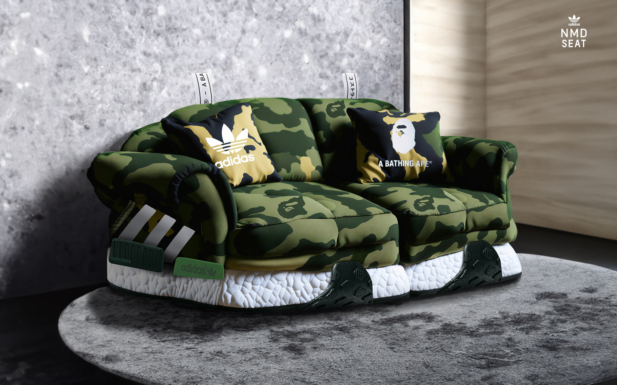comfykicks_ape-adidas-nmd Generative AI Sneaker Seats. Bape X Adidas NMD. ComfyKicks designer furniture and chairs for the sneaker lover by Allan Chan @aicethetk