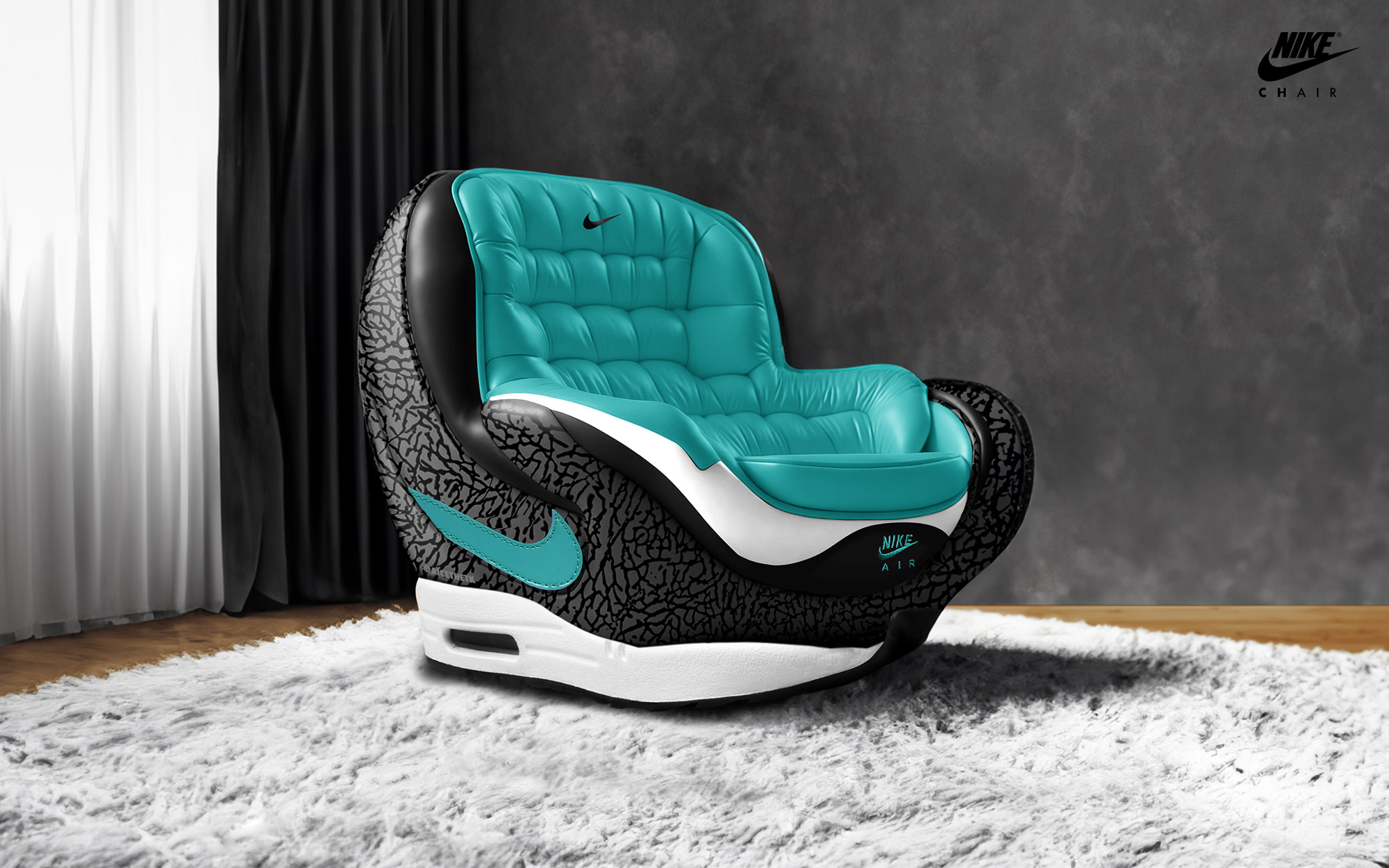 Generative AI Sneaker Seats. Atmos X Nike Air Max 1 ' Elephant Print'. ComfyKicks designer furniture and chairs for the sneaker lover by Allan Chan @aicethetk