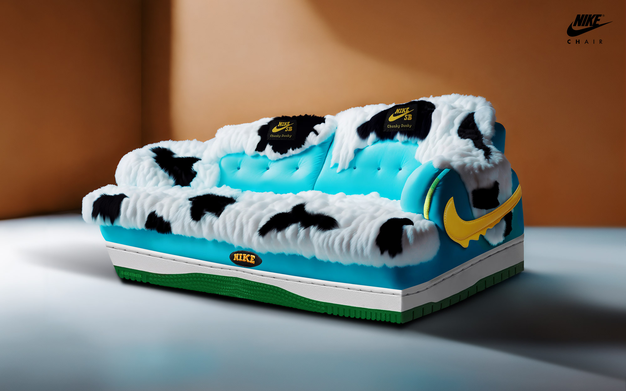 Generative AI Sneaker Seats. Ben & Jerrys X Dunk Low SB 'Chunky Dunky'. ComfyKicks designer furniture and chairs for the sneaker lover by Allan Chan @aicethetk