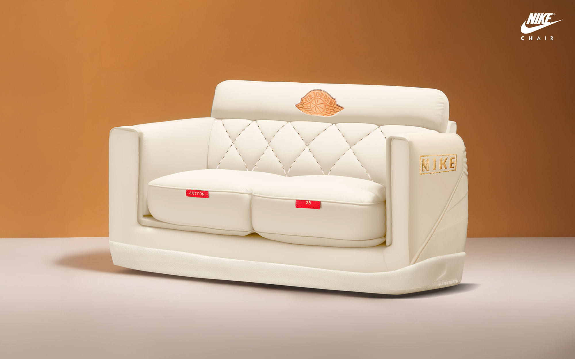 comfykicks_jordan-just-don-beach Generative AI Sneaker Seats. Just Don X Air Jordan 2 'Beach'. ComfyKicks designer furniture and chairs for the sneaker lover by Allan Chan @aicethetk