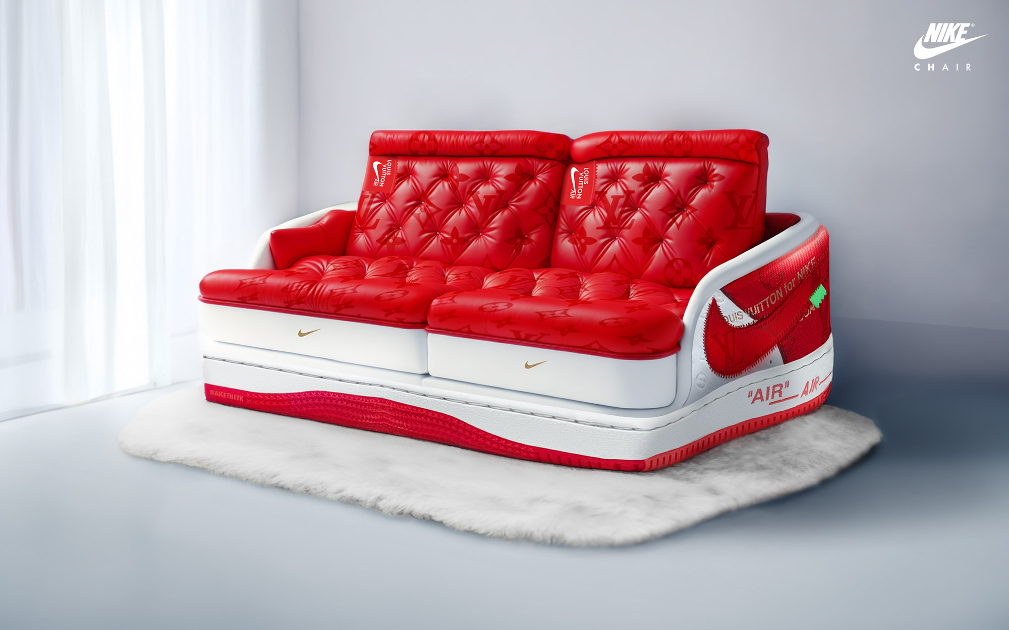 Generative AI Sneaker Seats. Louis Vuitton X Air Force 1 Low ' White Comet Red'. ComfyKicks designer furniture and chairs for the sneaker lover by Allan Chan @aicethetk