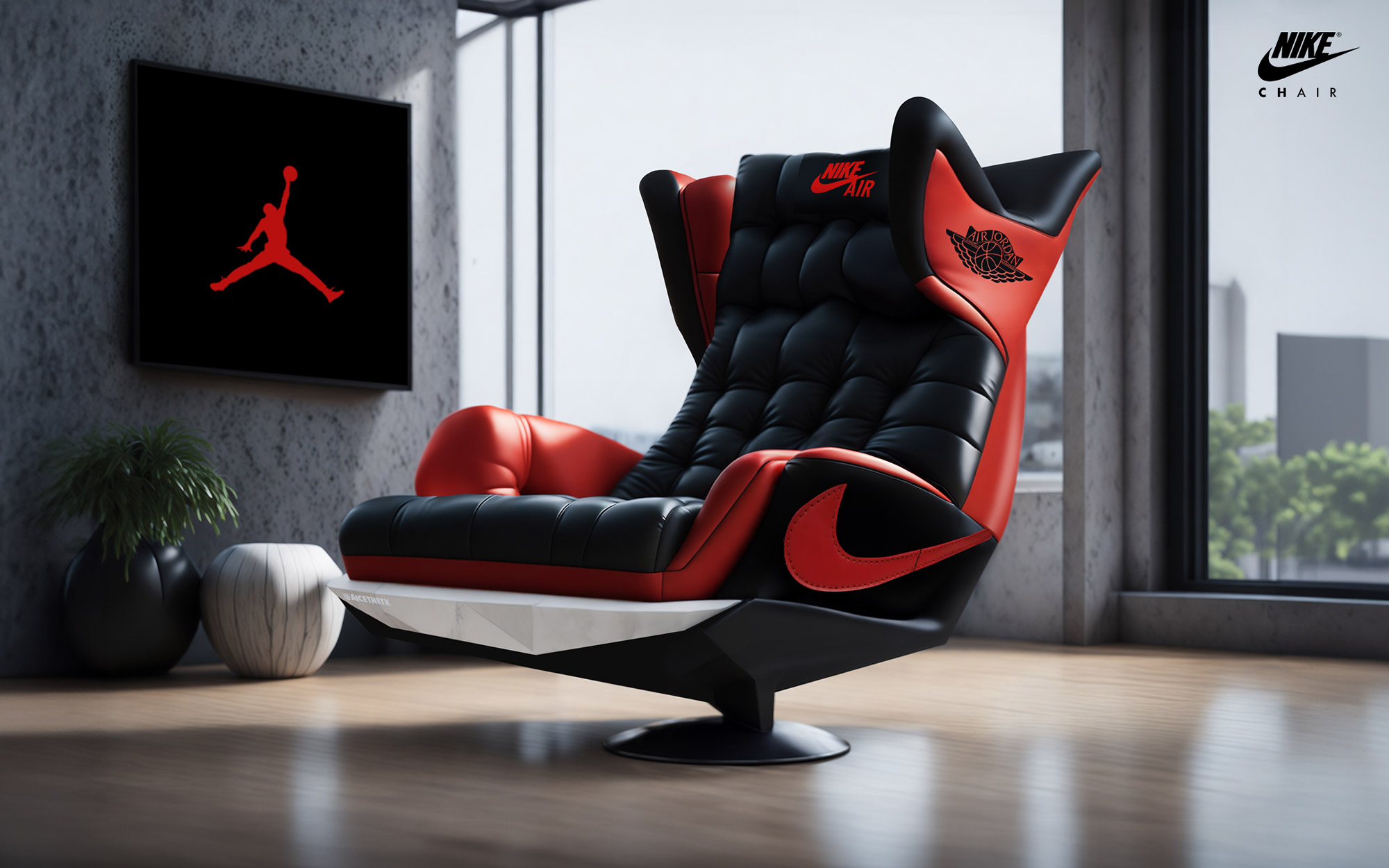 Generative AI Sneaker Seats. Air Jordan 1 Bred. ComfyKicks designer furniture and chairs for the sneaker lover by Allan Chan @aicethetk