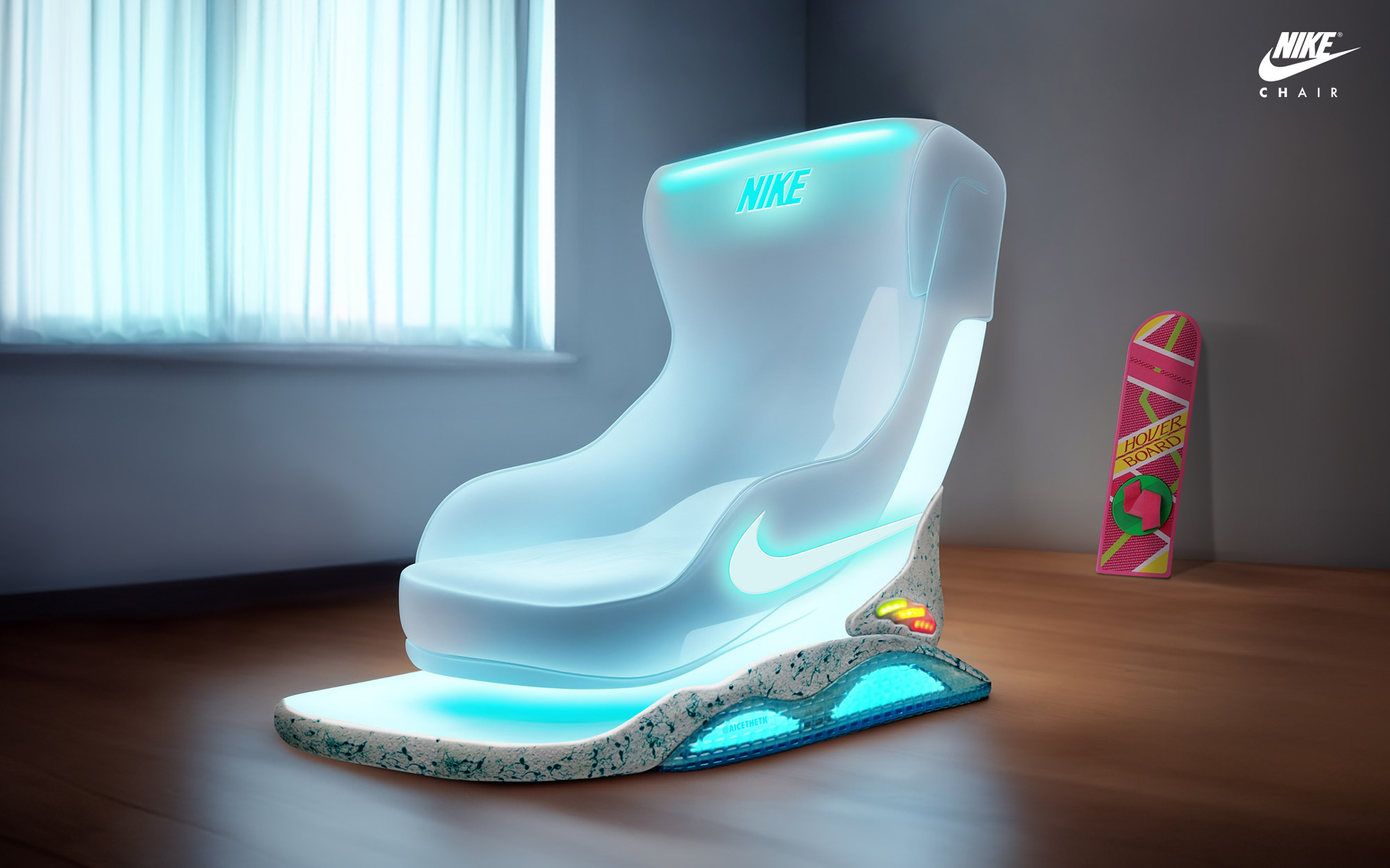 comfykicks_nike-airmag Generative AI Sneaker Seats. Nike Air Mag 'Back to the Future'. ComfyKicks designer furniture and chairs for the sneaker lover by Allan Chan @aicethetk