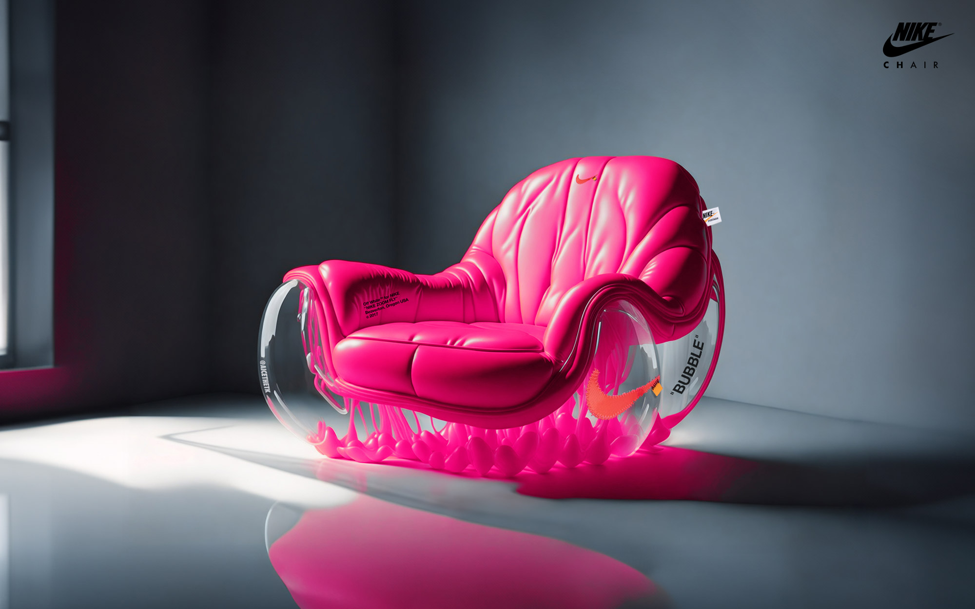 Generative AI Sneaker Seats. Off-White X Zoom Fly 'Tulip Pink'. ComfyKicks designer furniture and chairs for the sneaker lover by Allan Chan @aicethetk