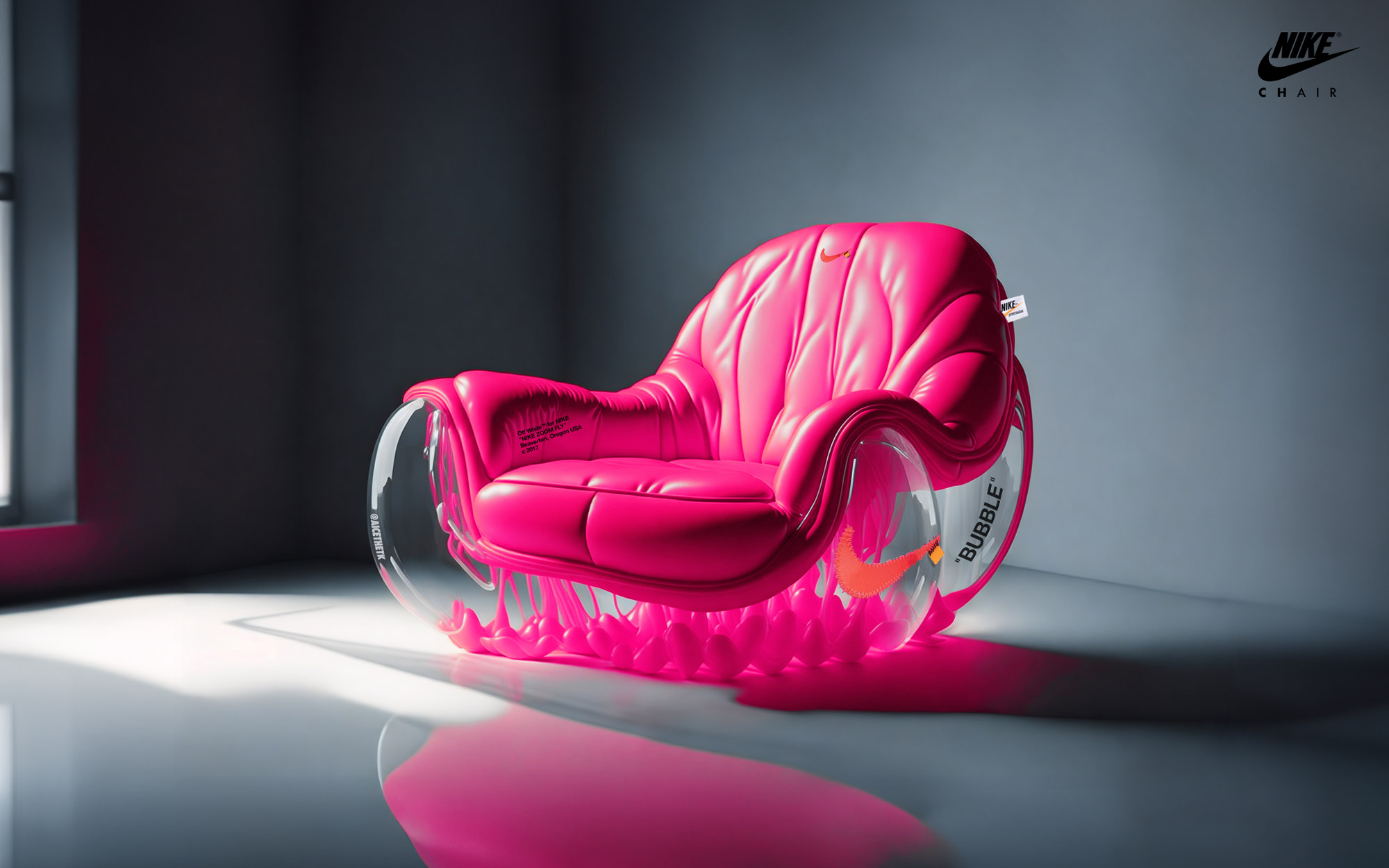 comfykicks_nikeoffwhite-x-zoom-fly Generative AI Sneaker Seats. Off-White X Zoom Fly 'Tulip Pink'. ComfyKicks designer furniture and chairs for the sneaker lover by Allan Chan @aicethetk