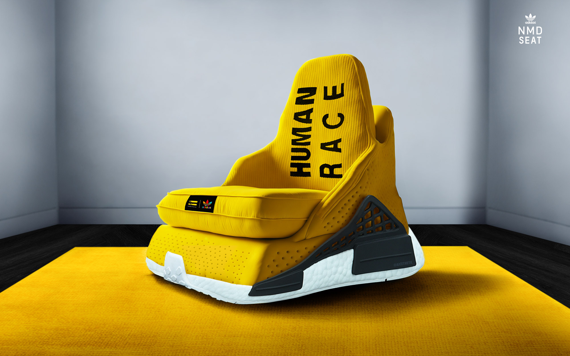 Generative AI Sneaker Seats. Pharrell X NMD Human Race 'Yellow'. ComfyKicks designer furniture and chairs for the sneaker lover by Allan Chan @aicethetk