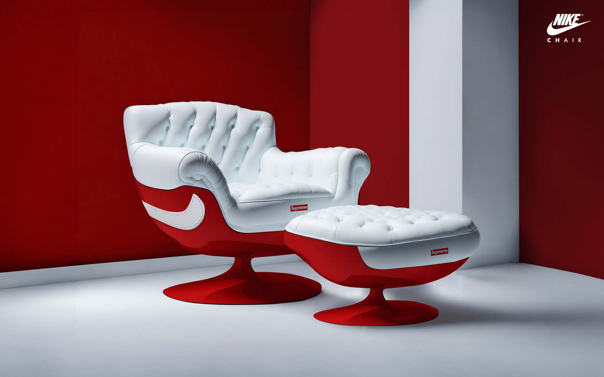 comfykicks_supreme-airforce-1 Generative AI Sneaker Seats. Supreme X Air Force 1 Low 'Box Logo - White'. ComfyKicks designer furniture and chairs for the sneaker lover by Allan Chan @aicethetk