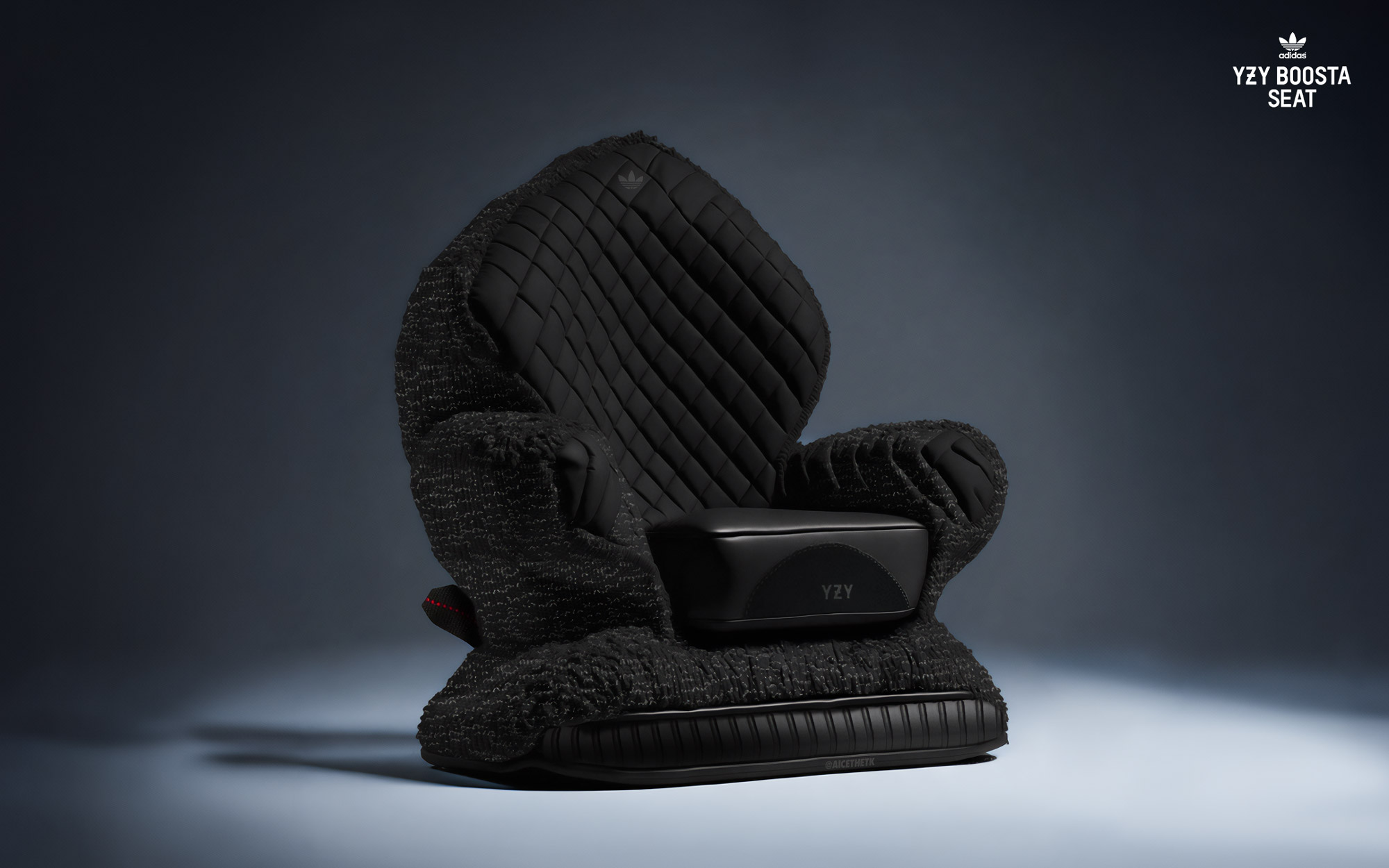 comfykicks_yeezyboost-pirate-black Generative AI Sneaker Seats. Yeezy Boost 350 'Pirate Black'. ComfyKicks designer furniture and chairs for the sneaker lover by Allan Chan @aicethetk