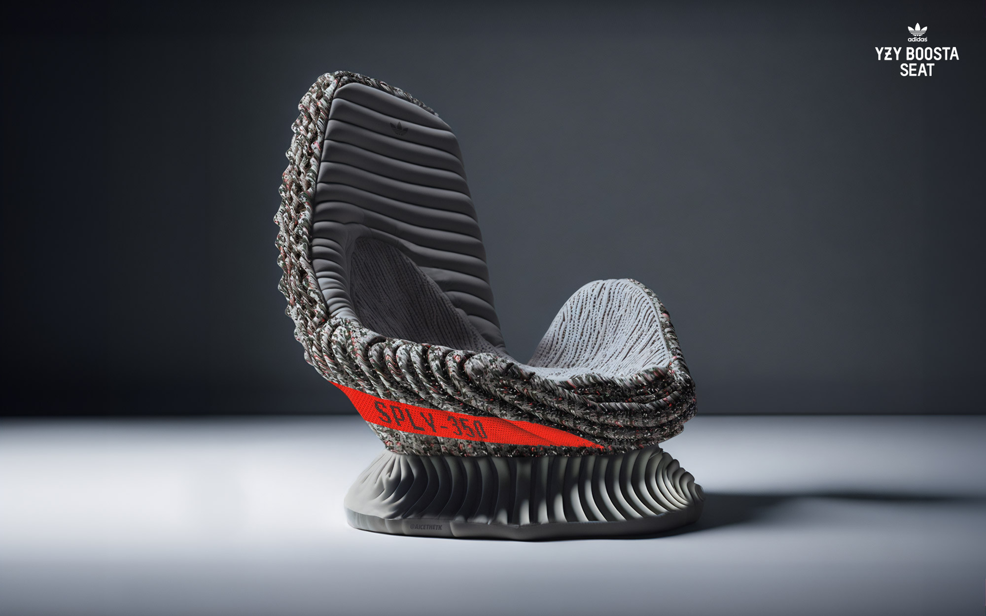 comfykicks_yeezyboost350v2-beluga Generative AI Sneaker Seats. Yeezy Boost 350 V2 'Beluga Reflective'. ComfyKicks designer furniture and chairs for the sneaker lover by Allan Chan @aicethetk