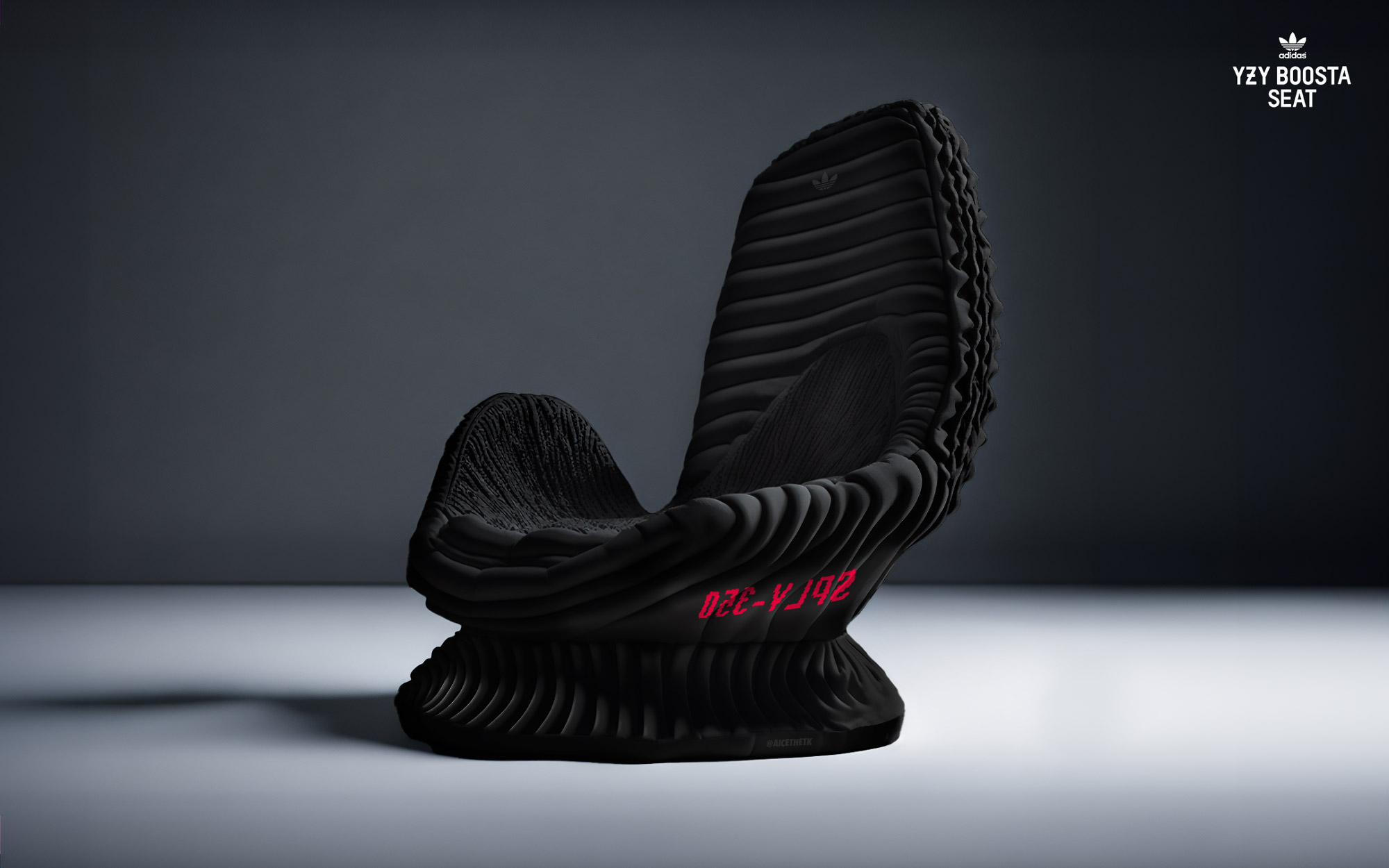 Generative AI Sneaker Seats. Yeezy Boost 350 V2 'Bred'. ComfyKicks designer furniture and chairs for the sneaker lover by Allan Chan @aicethetk