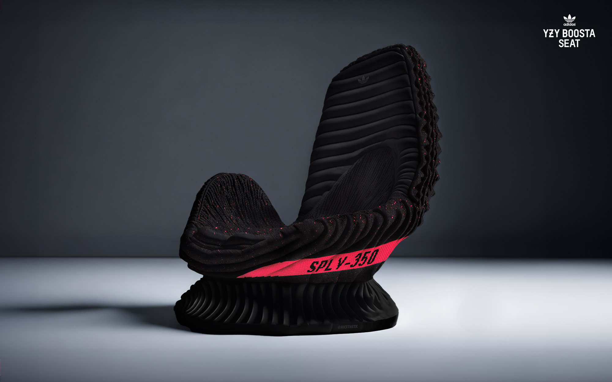 Generative AI Sneaker Seats. Yeezy Boost 350 V2 'Red'. ComfyKicks designer furniture and chairs for the sneaker lover by Allan Chan @aicethetk