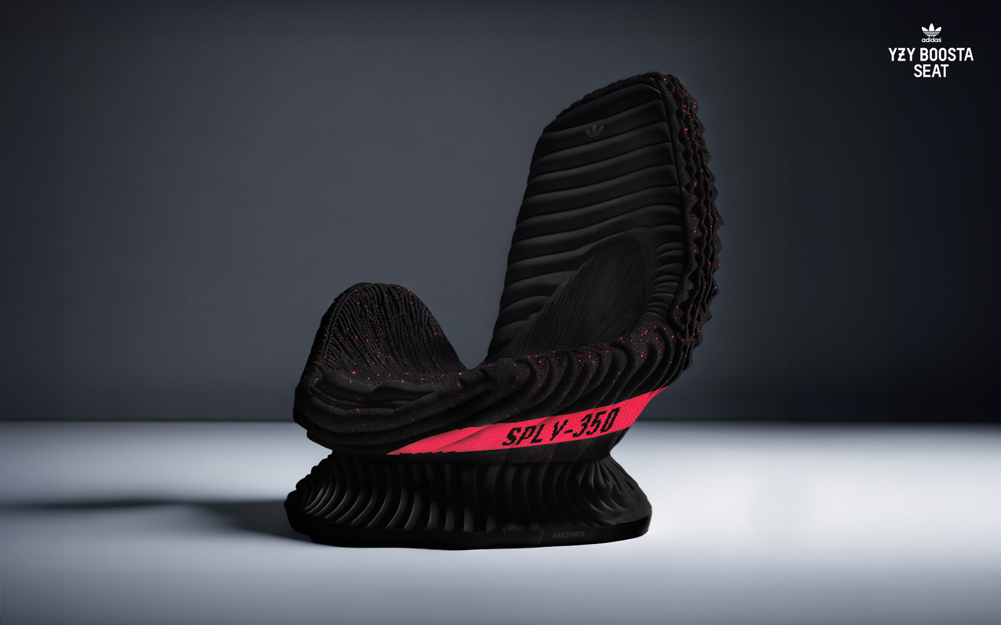 comfykicks_yeezyboost350v2-red Generative AI Sneaker Seats. Yeezy Boost 350 V2 'Red'. ComfyKicks designer furniture and chairs for the sneaker lover by Allan Chan @aicethetk