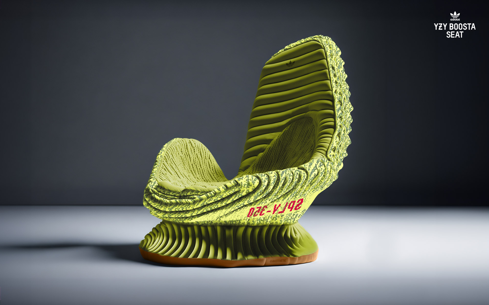 comfykicks_yeezyboost350v2-semi-frzn Generative AI Sneaker Seats. Yeezy Boost 350 V2 'Semi Frozen Yellow'. ComfyKicks designer furniture and chairs for the sneaker lover by Allan Chan @aicethetk