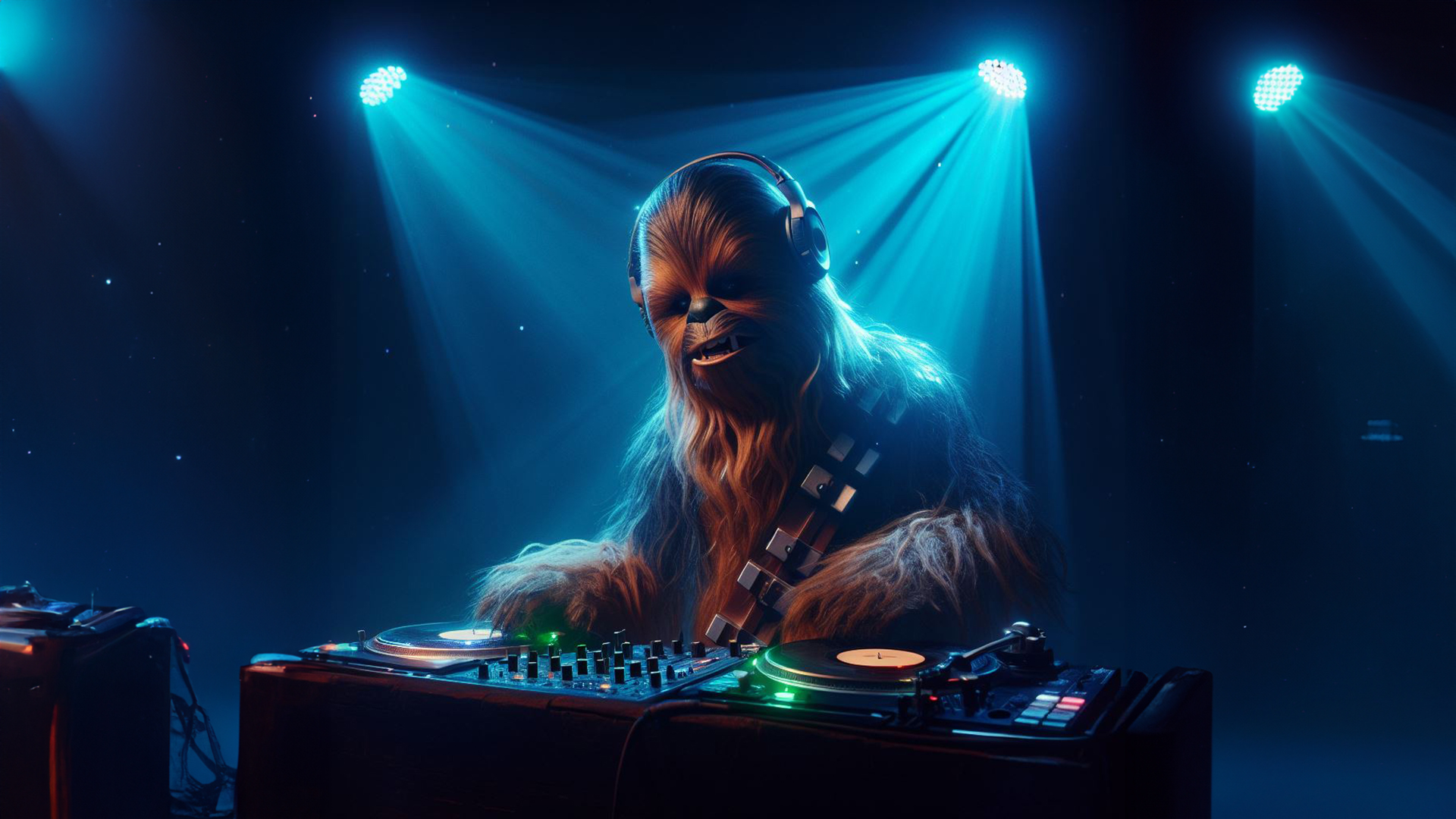 chewy-turntables Generative AI image of Chewbacker Djing on turntable in a space.