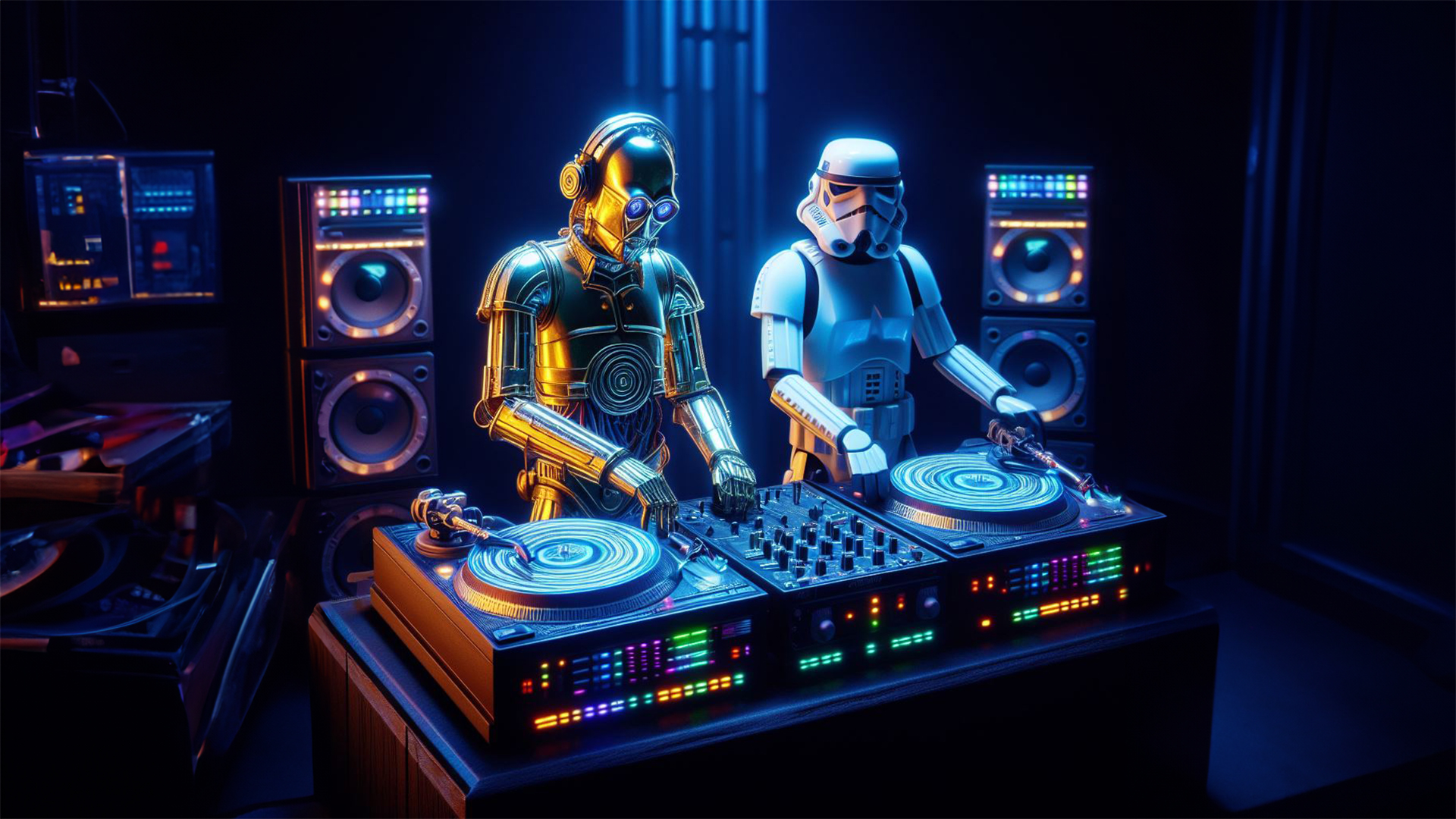 Generative AI image of C-3PO and Stormtrooper Djing on turntable in a space.