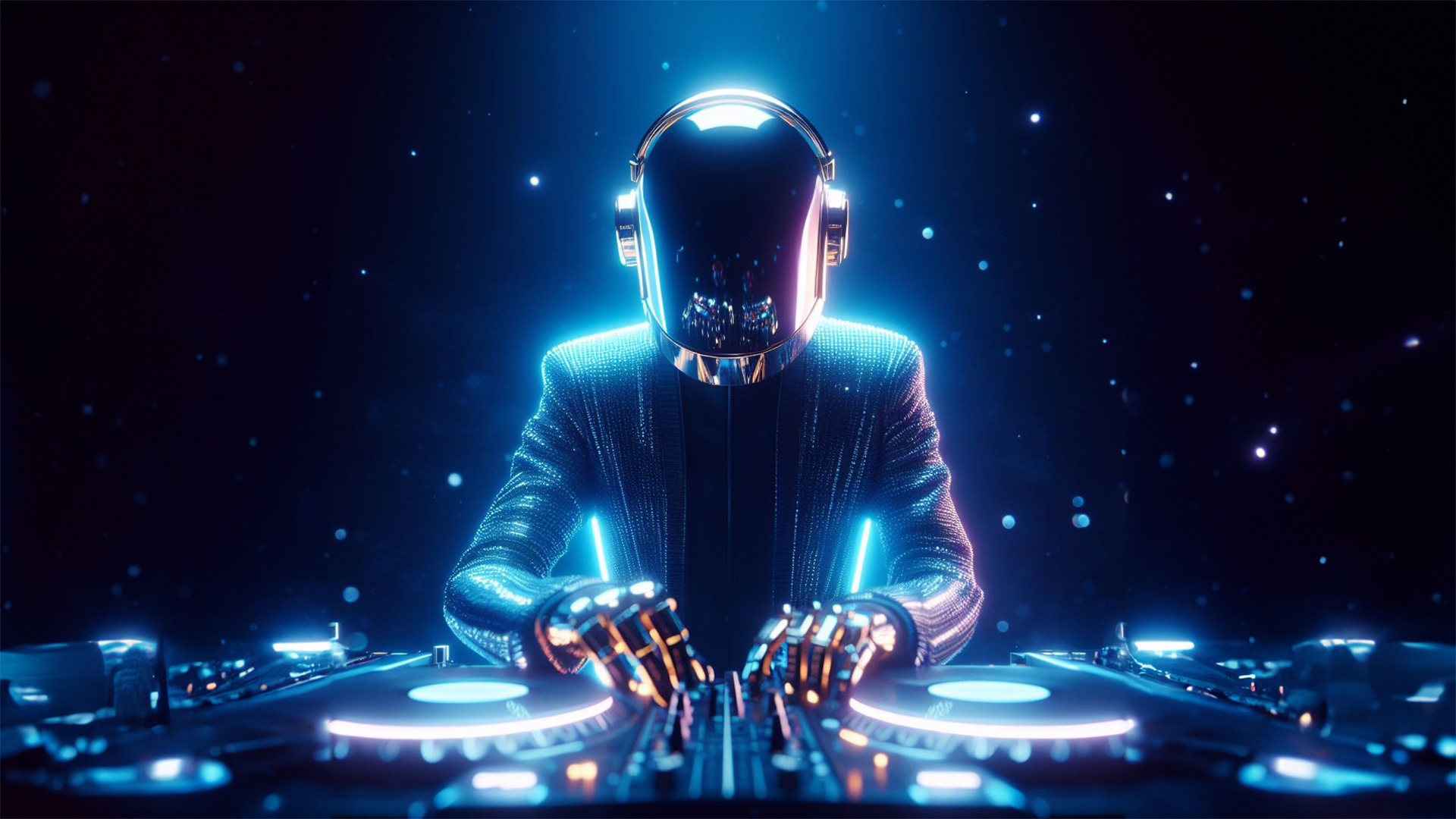 Generative AI image of Daft Punk Djing on turntable in a space.