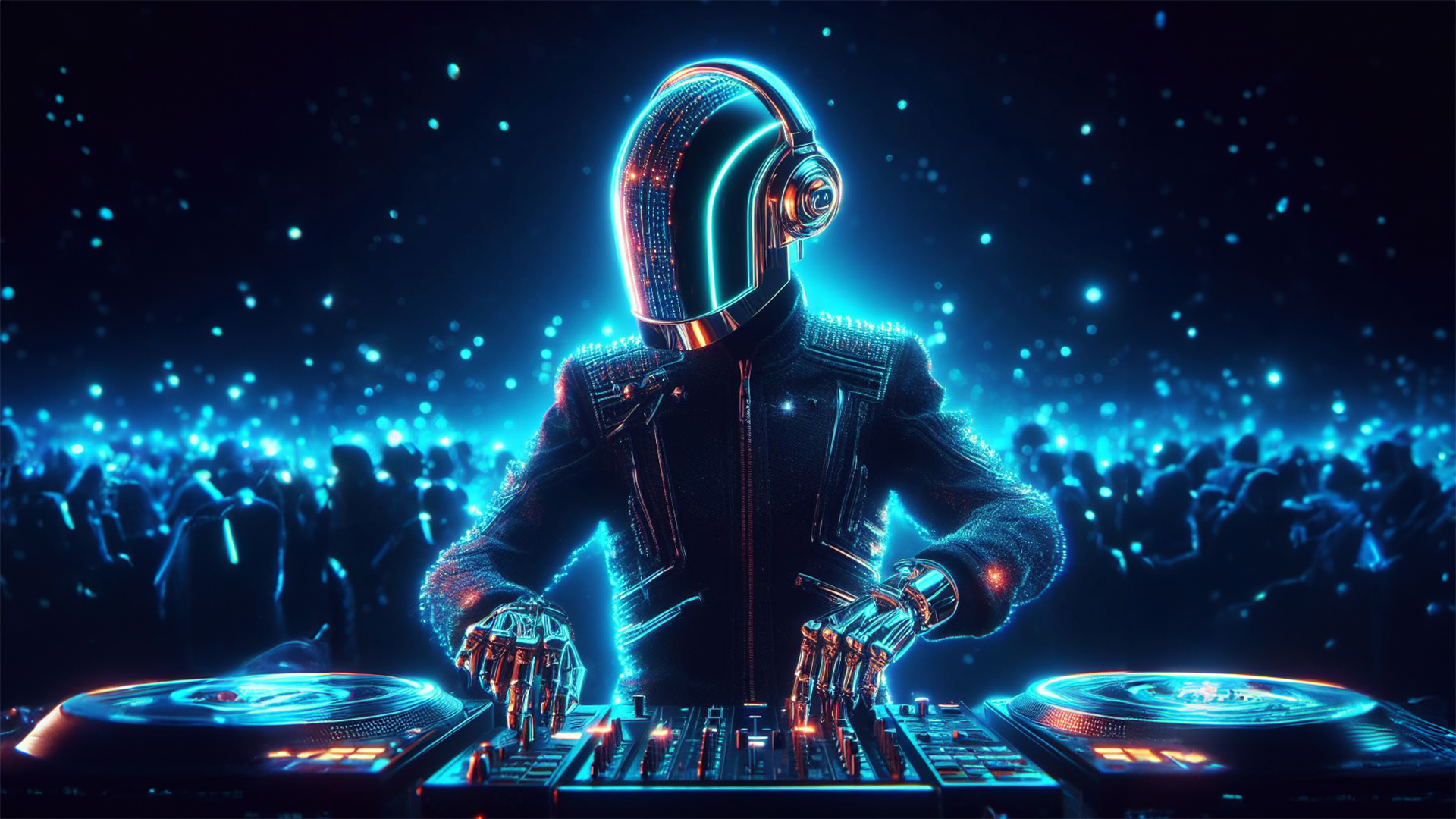 daftpunk2 Generative AI image of Daft Punk Djing on turntable in a space.