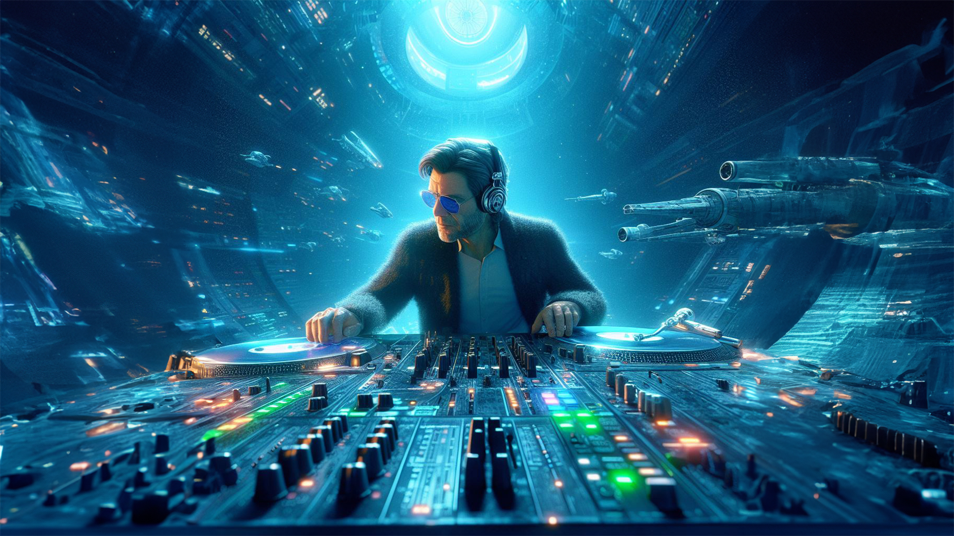 Generative AI image of Han Solo Djing on turntable in a space.