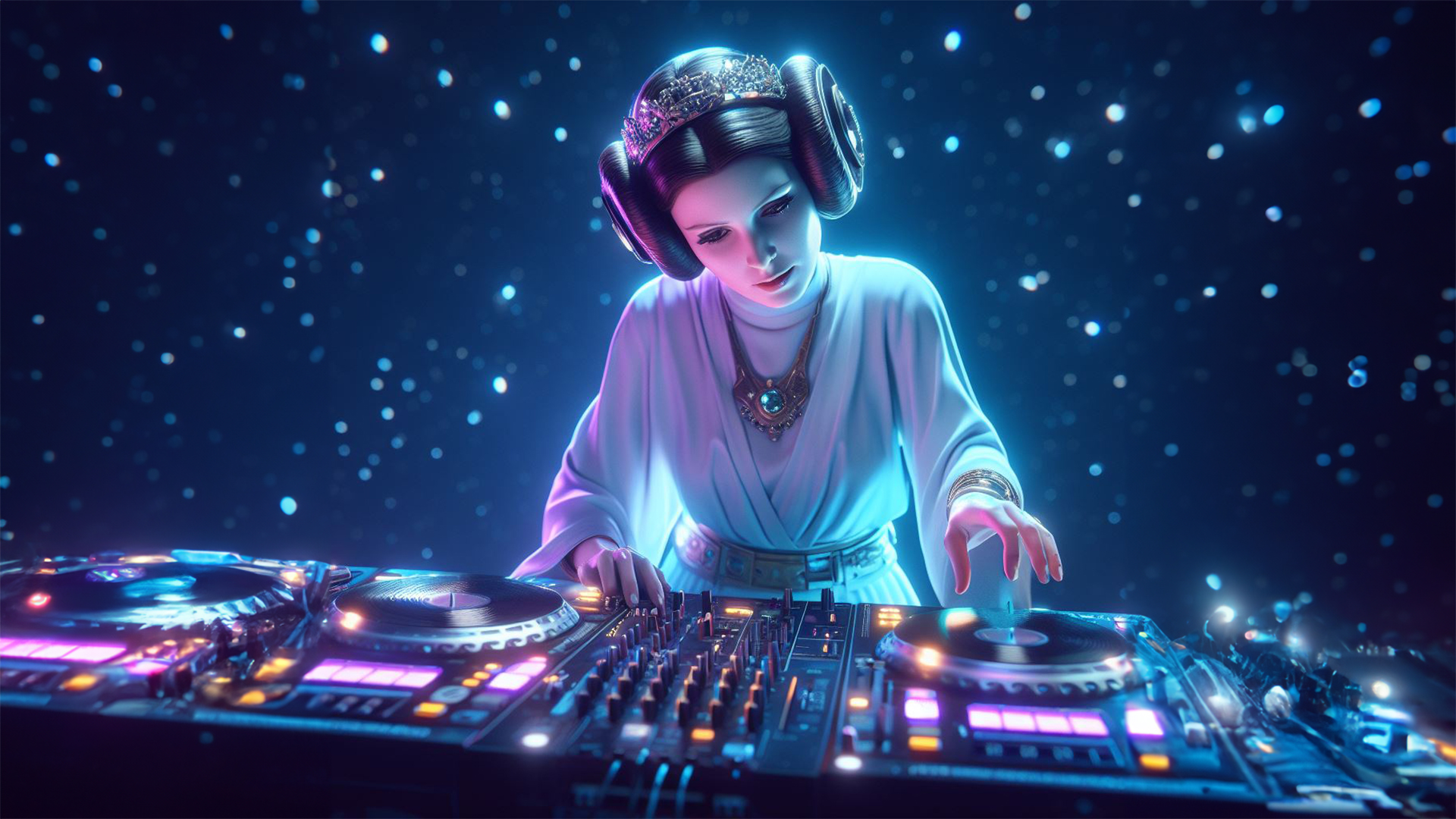 leia-turntables Generative AI image of Princess Leia Djing on turntable in a space.