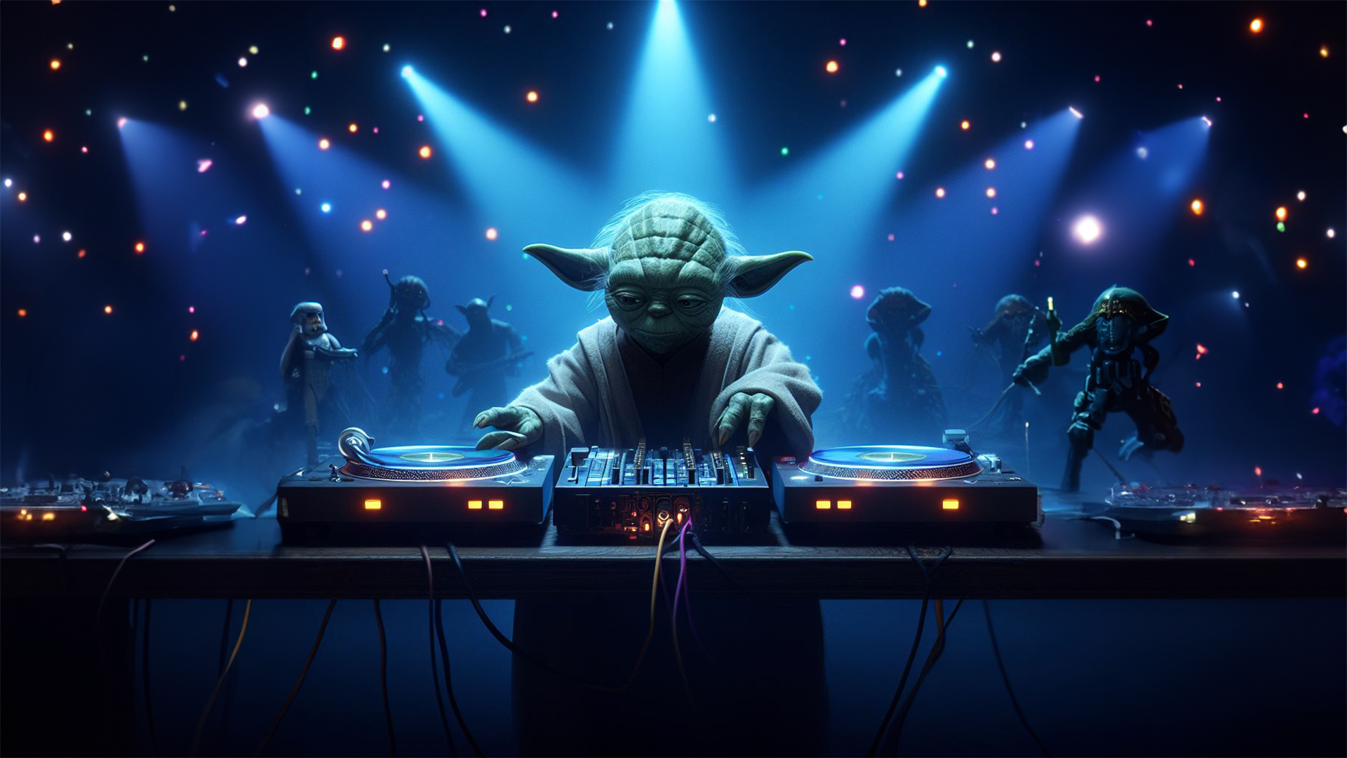 yoda-turntables Generative AI image of Yoda Djing on turntable in a space.