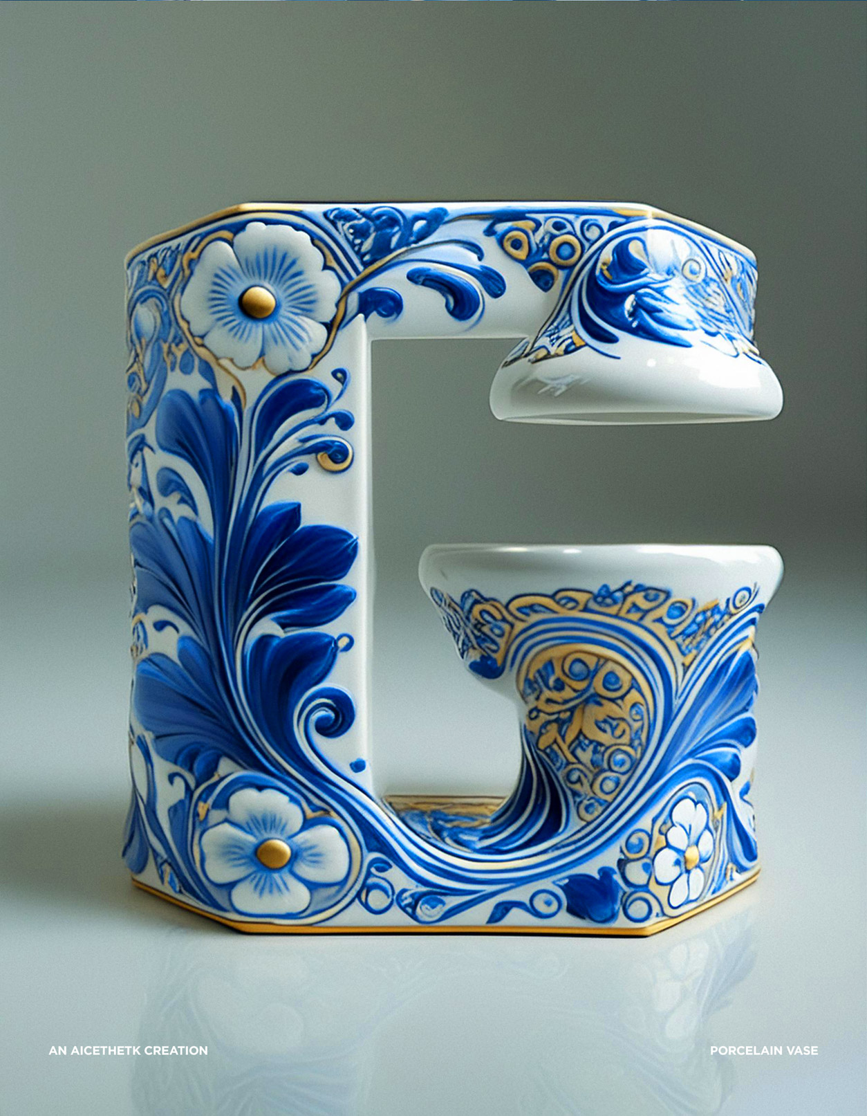 alphabet-letters_g Generative AI 3D lettering Typography, Letter G by Allan Chan. Porcelain, ceramic vase.