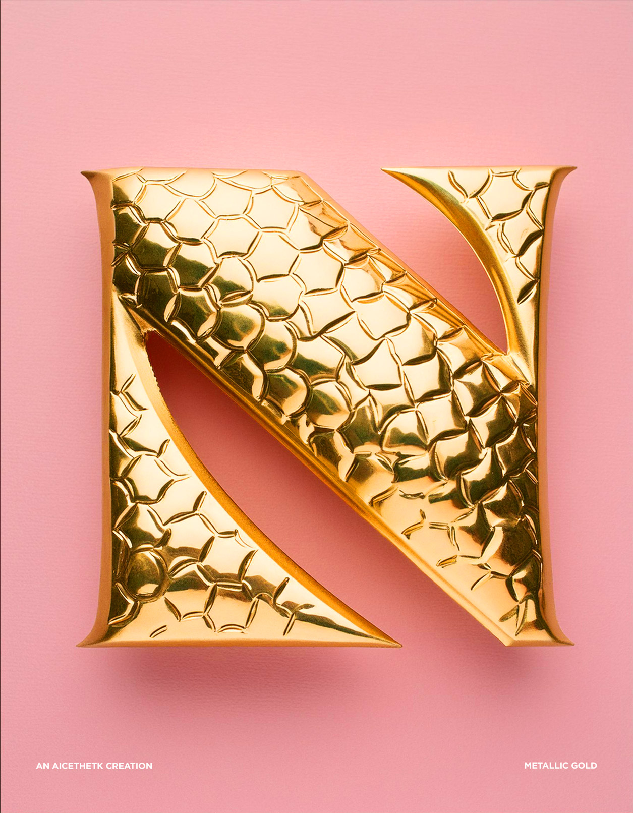 alphabet-letters_n Generative AI 3D lettering Typography, Letter N by Allan Chan. Metallic Gold.