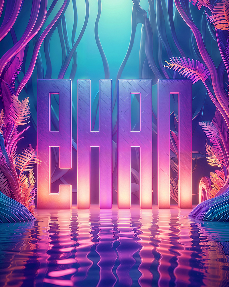 chan-logo_46 Generative AI logo variations created with Adobe Firefly’s Image 3 Model using Structure Reference. Allan Chan logo, illuminated iridescent ambient purple lighting.
